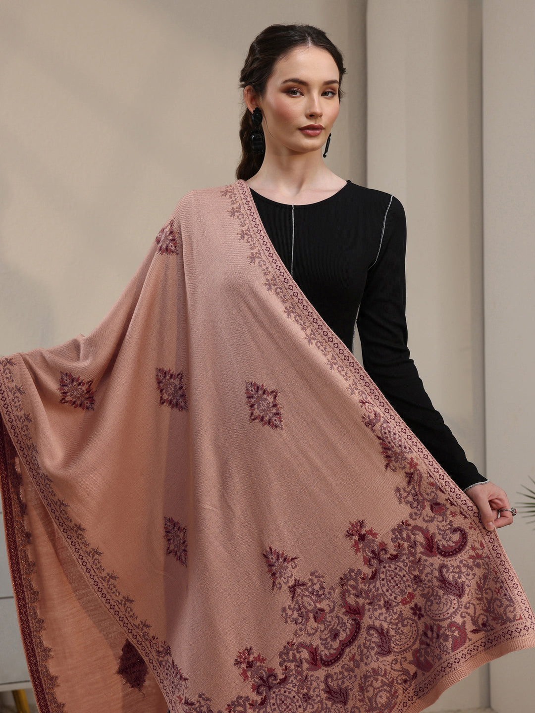 Libas Beige Ethnic Knitted Acrylic Shawl