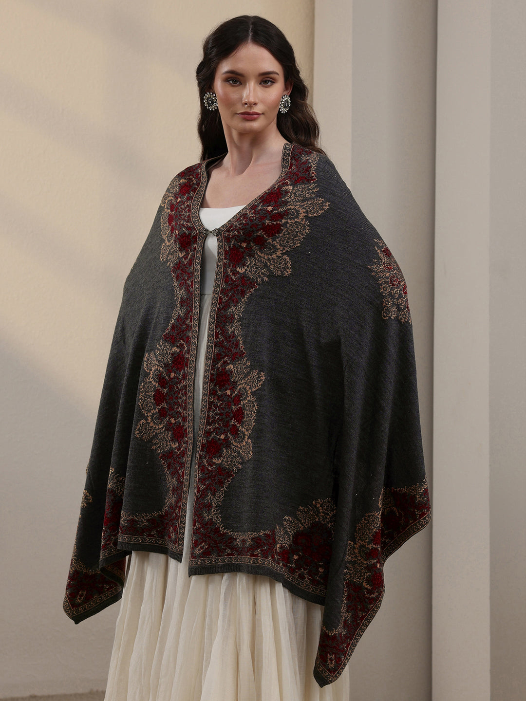 Libas Dark Grey Ethnic Knitted Acrylic Wrap Shawl