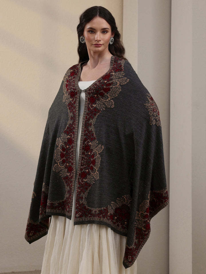 Libas Dark Grey Ethnic Knitted Acrylic Wrap Shawl