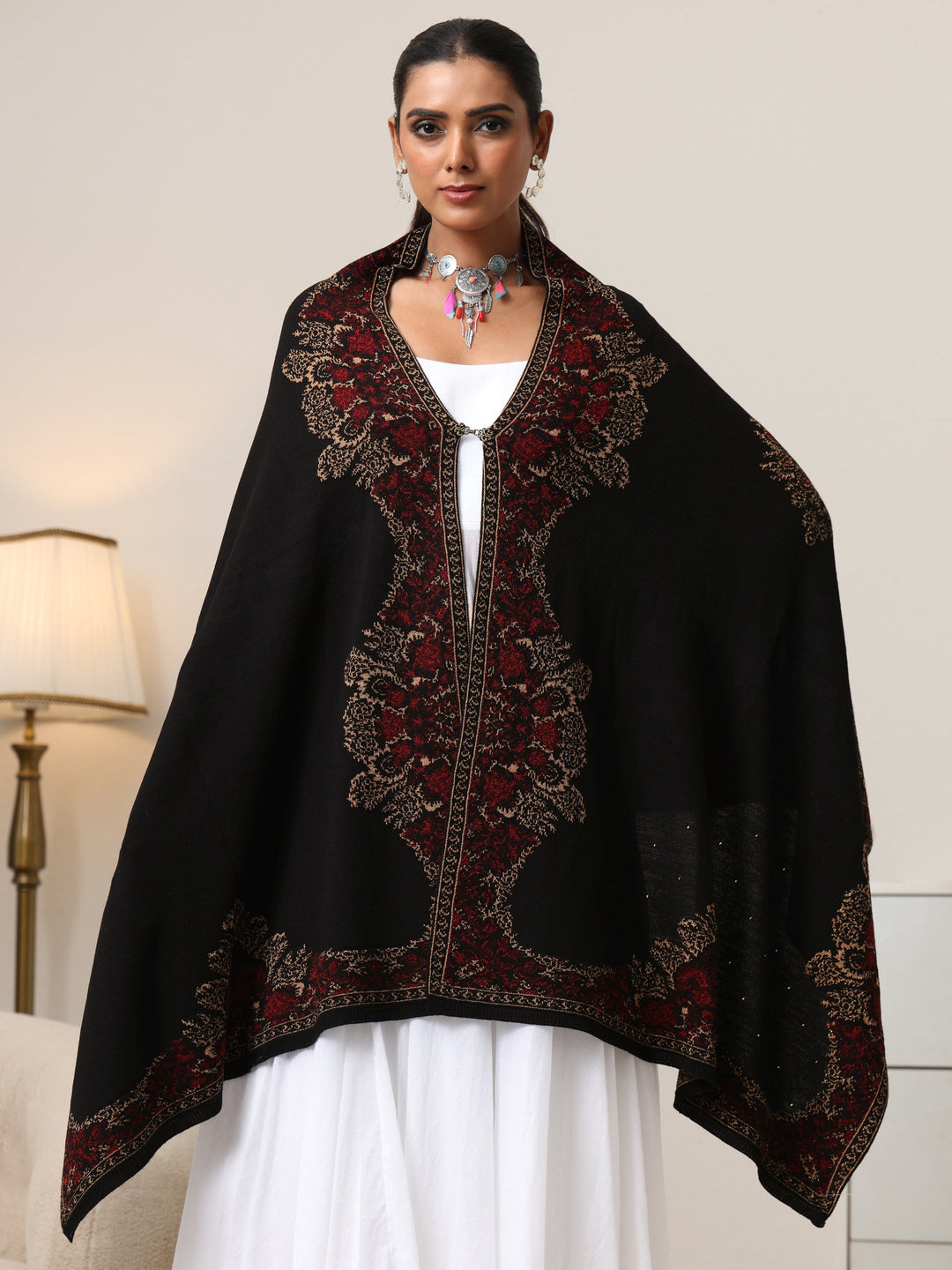Libas Black Floral Knitted Acrylic Wrap Shawl
