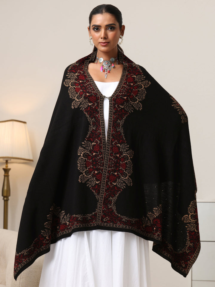 Libas Black Floral Knitted Acrylic Wrap Shawl