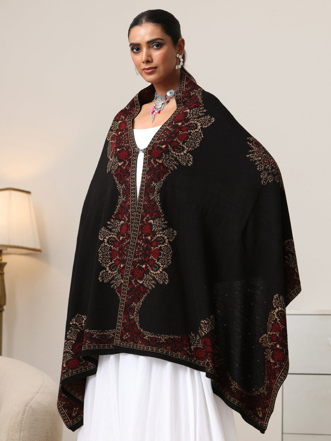 Libas Black Floral Knitted Acrylic Wrap Shawl