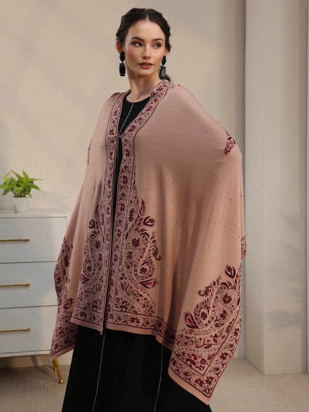 Libas Beige Floral Knitted Acrylic Wrap Shawl