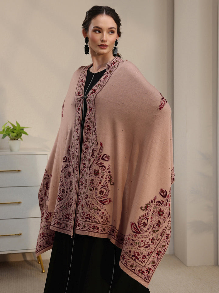 Libas Beige Floral Knitted Acrylic Wrap Shawl