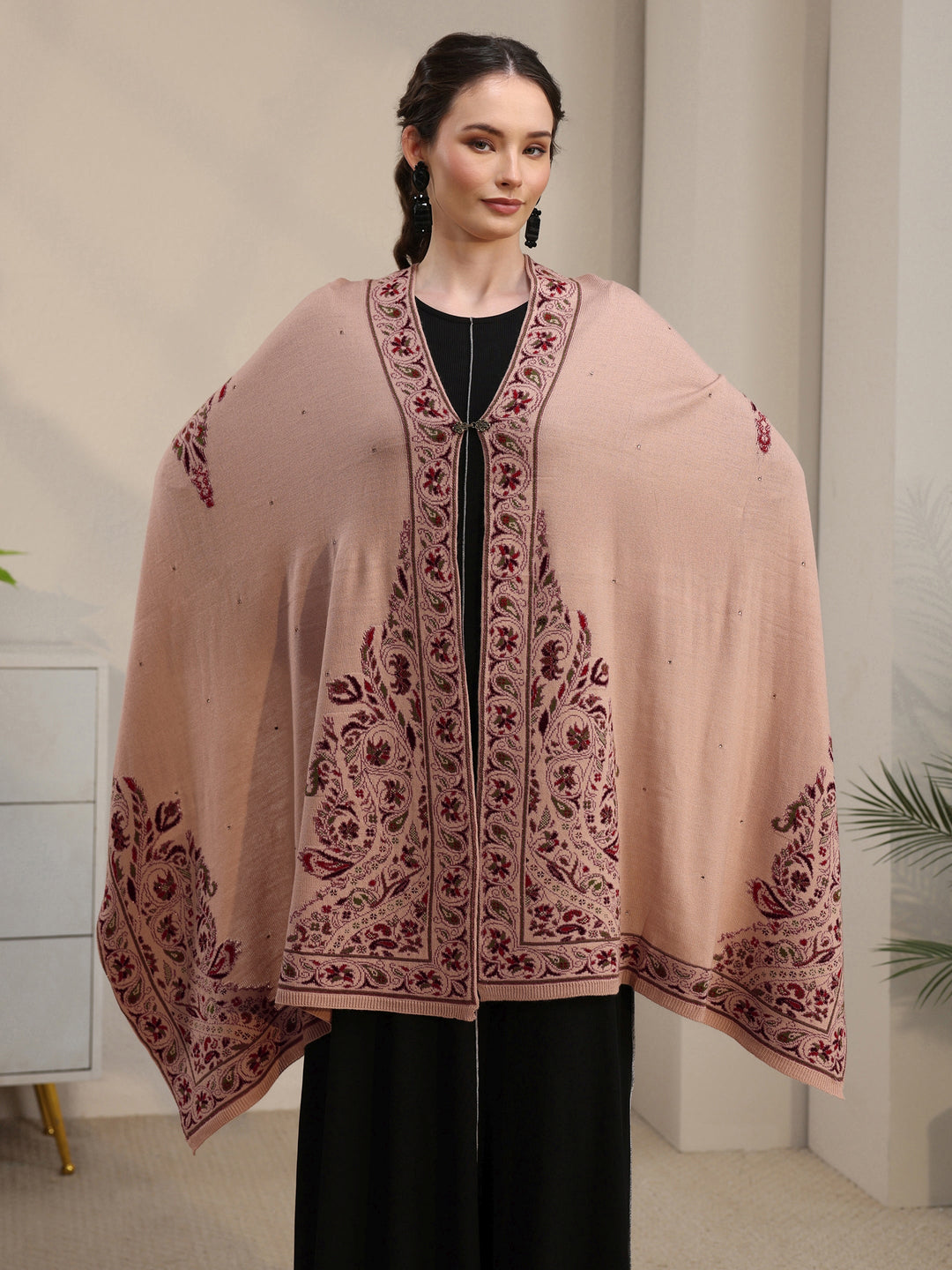 Libas Beige Floral Knitted Acrylic Wrap Shawl