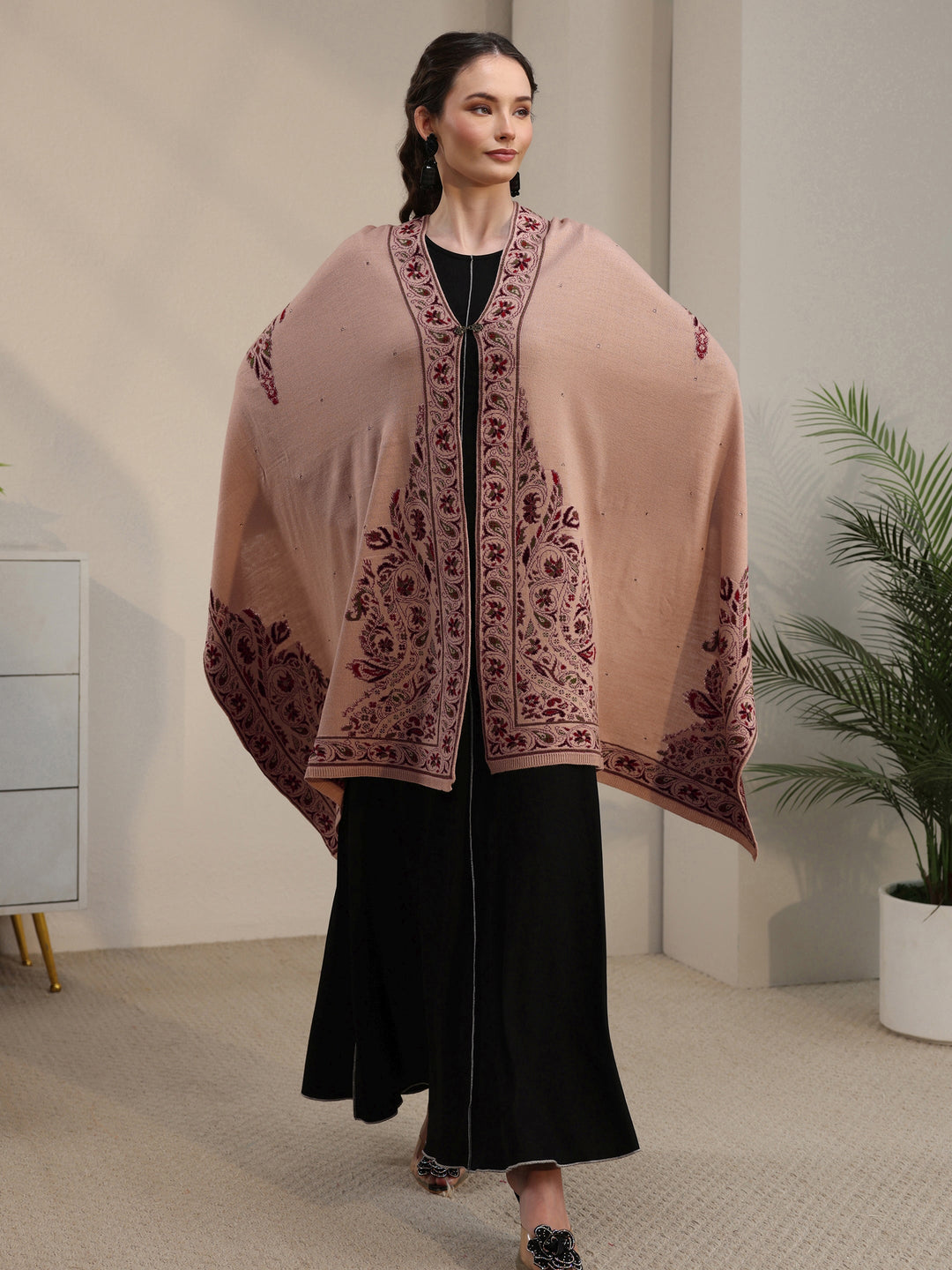 Libas Beige Floral Knitted Acrylic Wrap Shawl