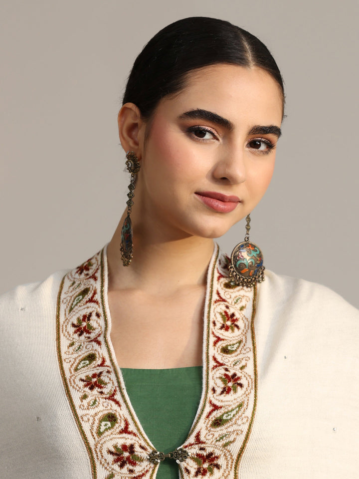 Libas White Floral Knitted Acrylic Wrap Shawl