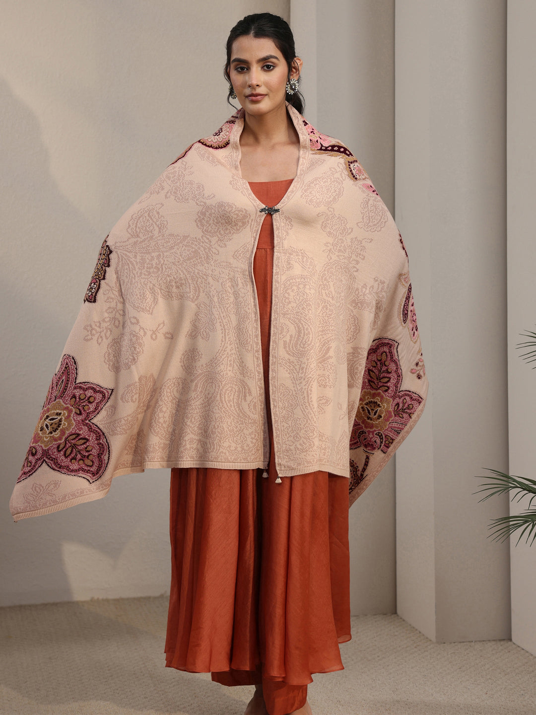 Libas Beige Floral Knitted Acrylic Wrap Shawl