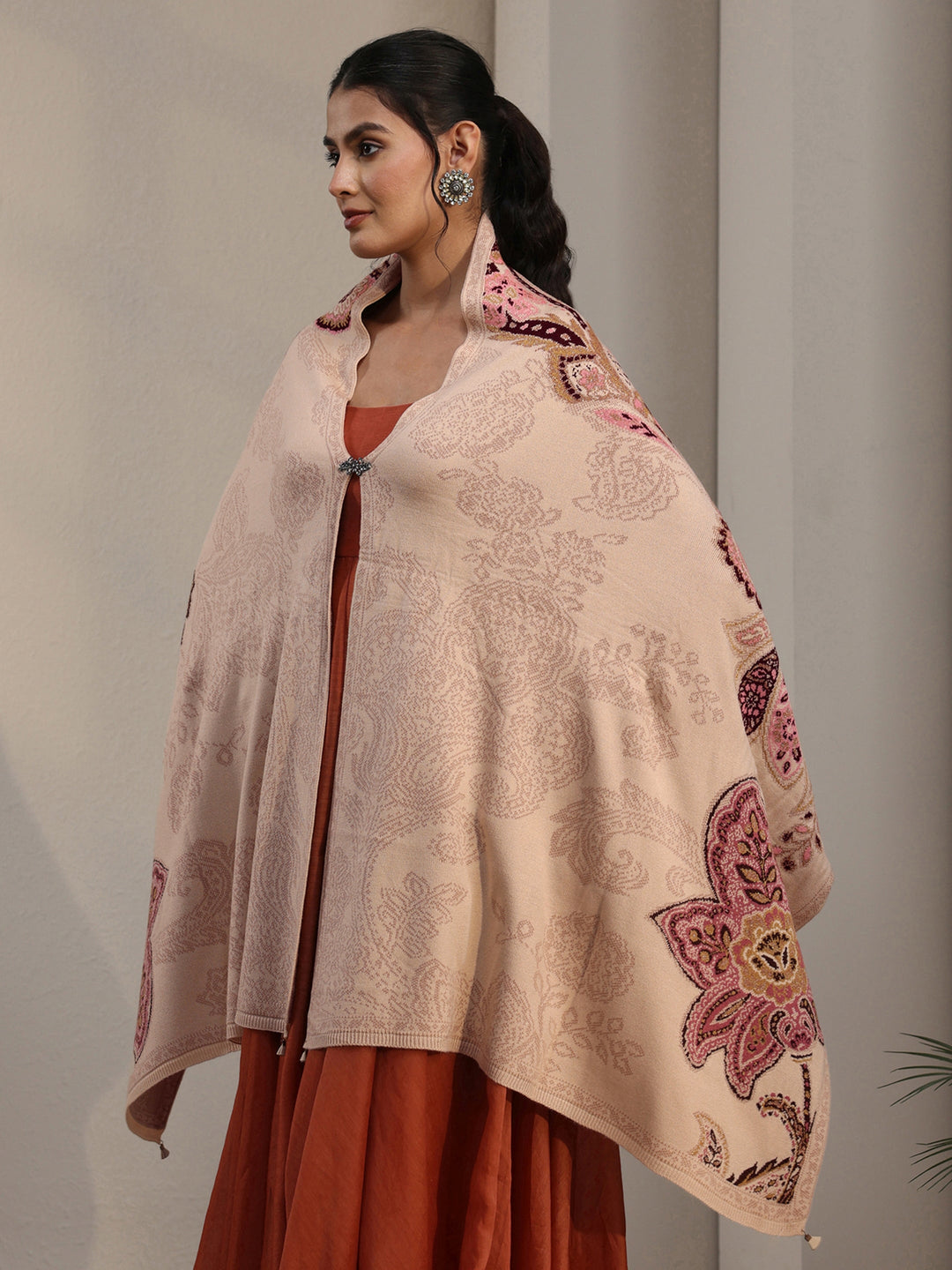 Libas Beige Floral Knitted Acrylic Wrap Shawl