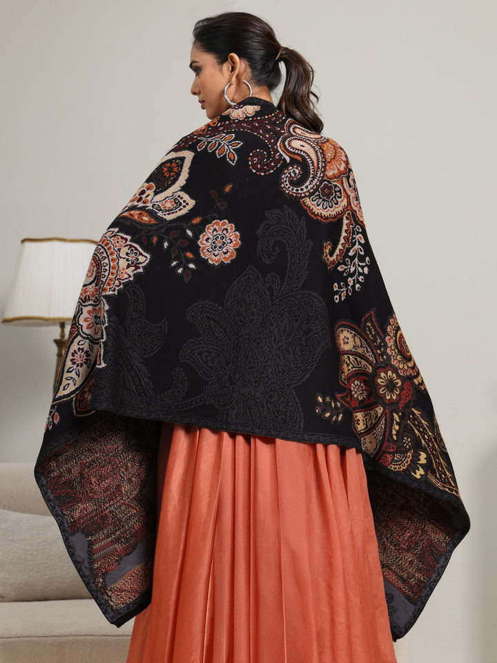Libas Black Floral Knitted Acrylic Wrap Shawl