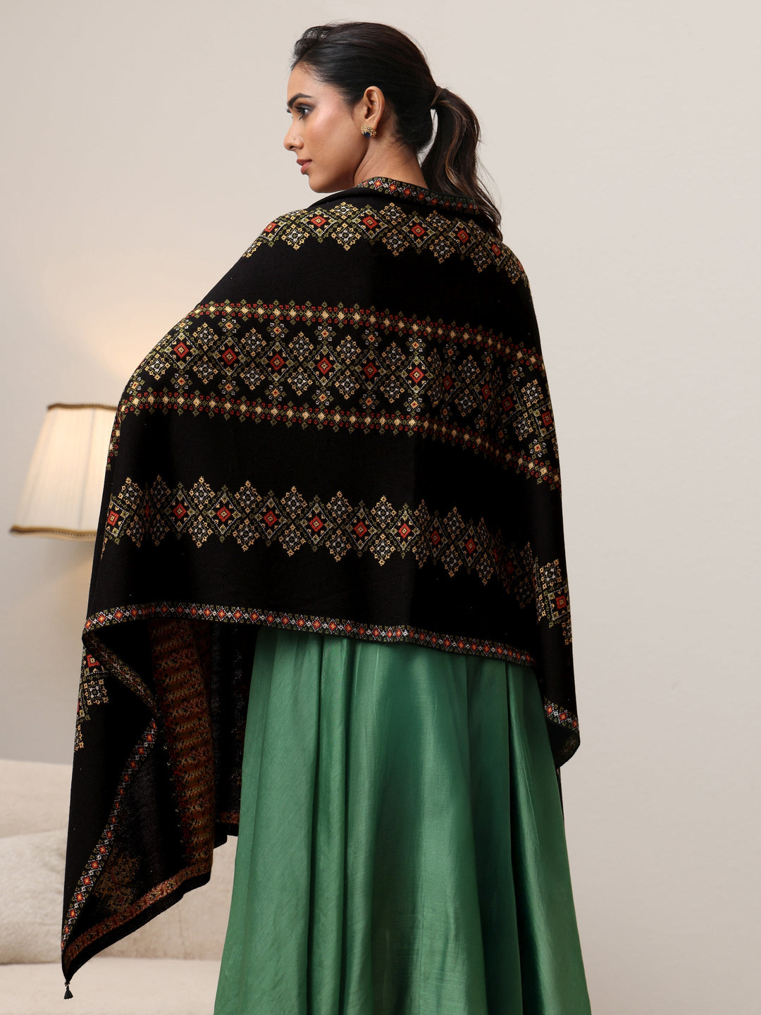 Libas Black Ethnic Knitted Acrylic Wrap Shawl