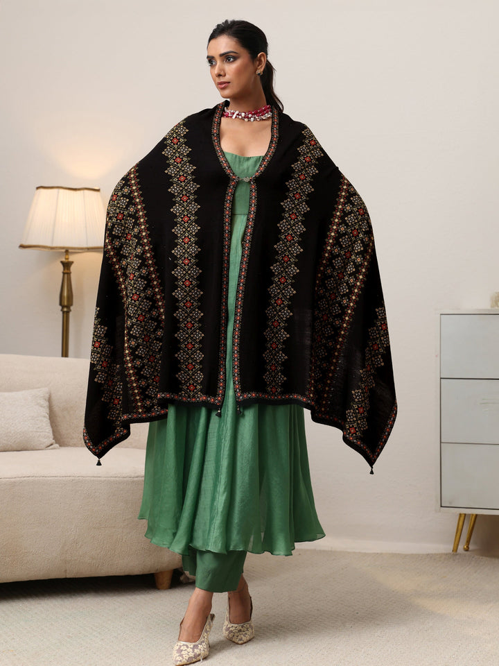 Libas Black Ethnic Knitted Acrylic Wrap Shawl