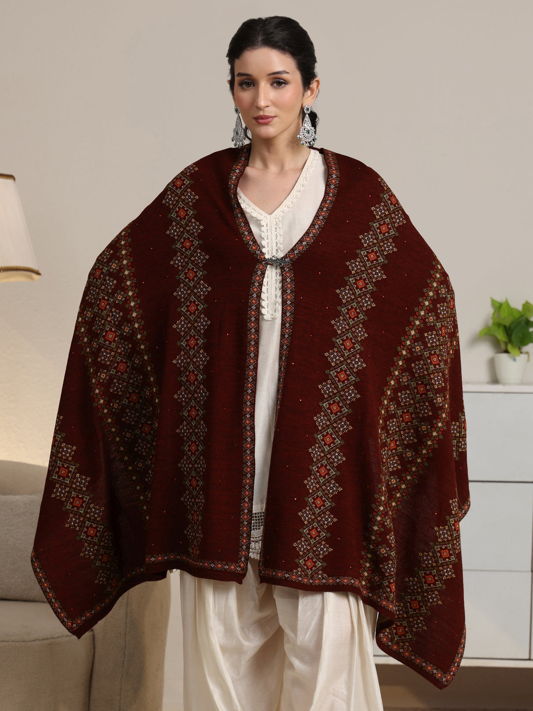 Libas Maroon Ethnic Knitted Acrylic Wrap Shawl
