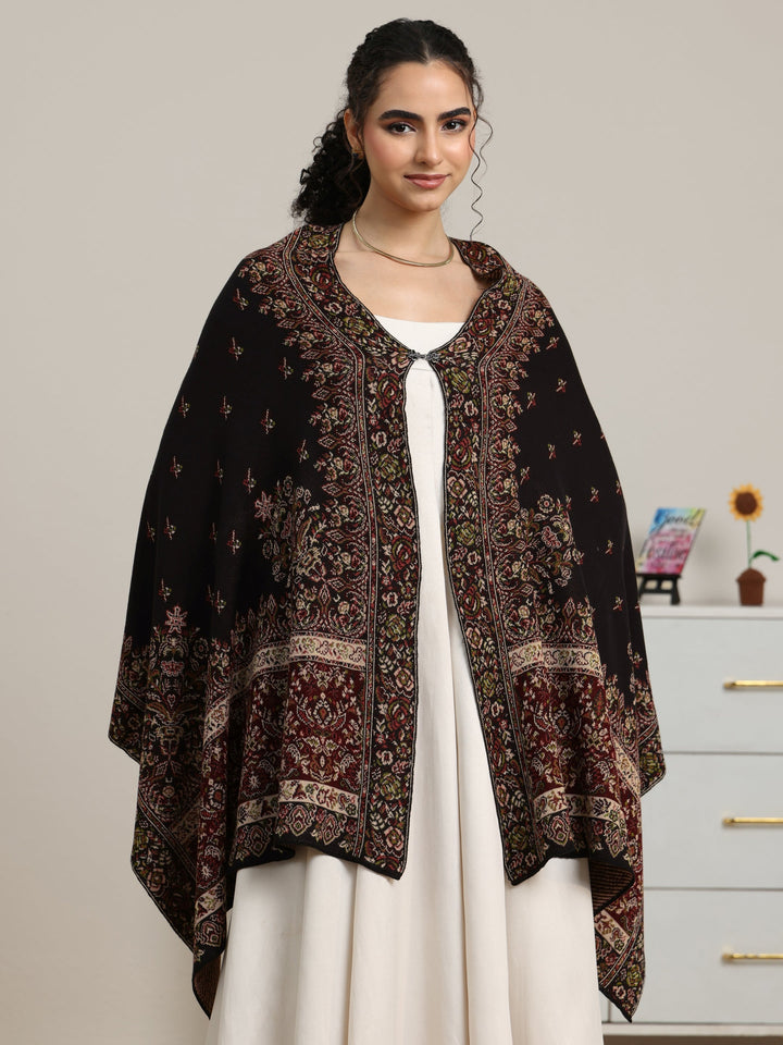 Libas Black Floral Knitted Acrylic Wrap Shawl