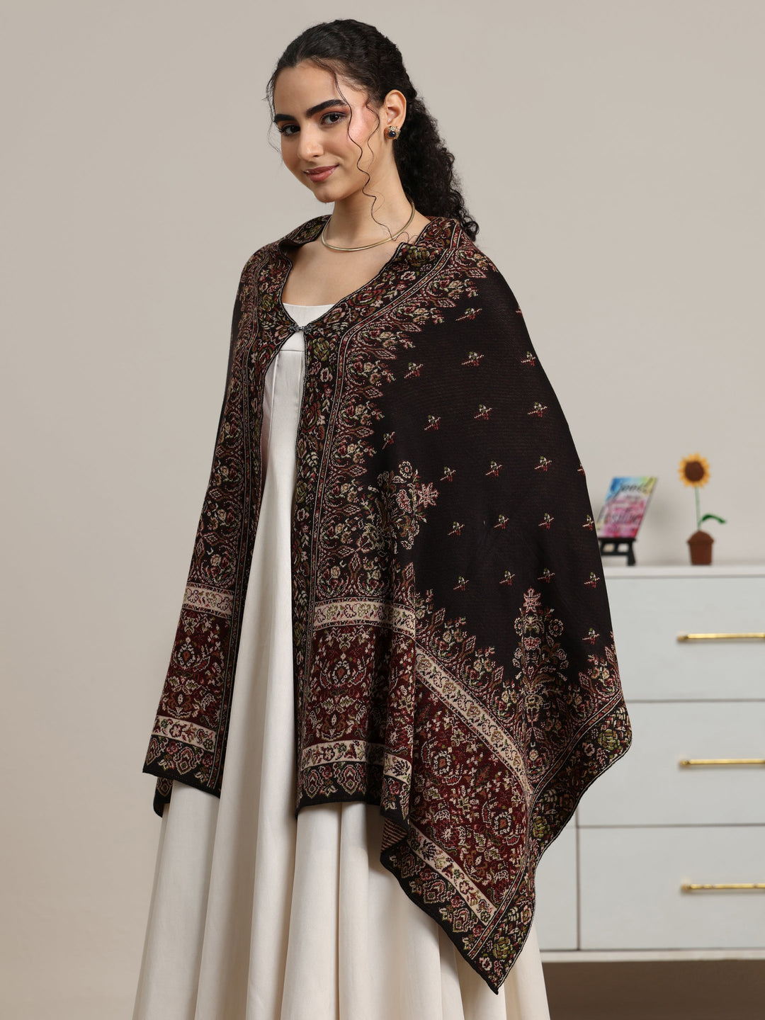 Libas Black Floral Knitted Acrylic Wrap Shawl