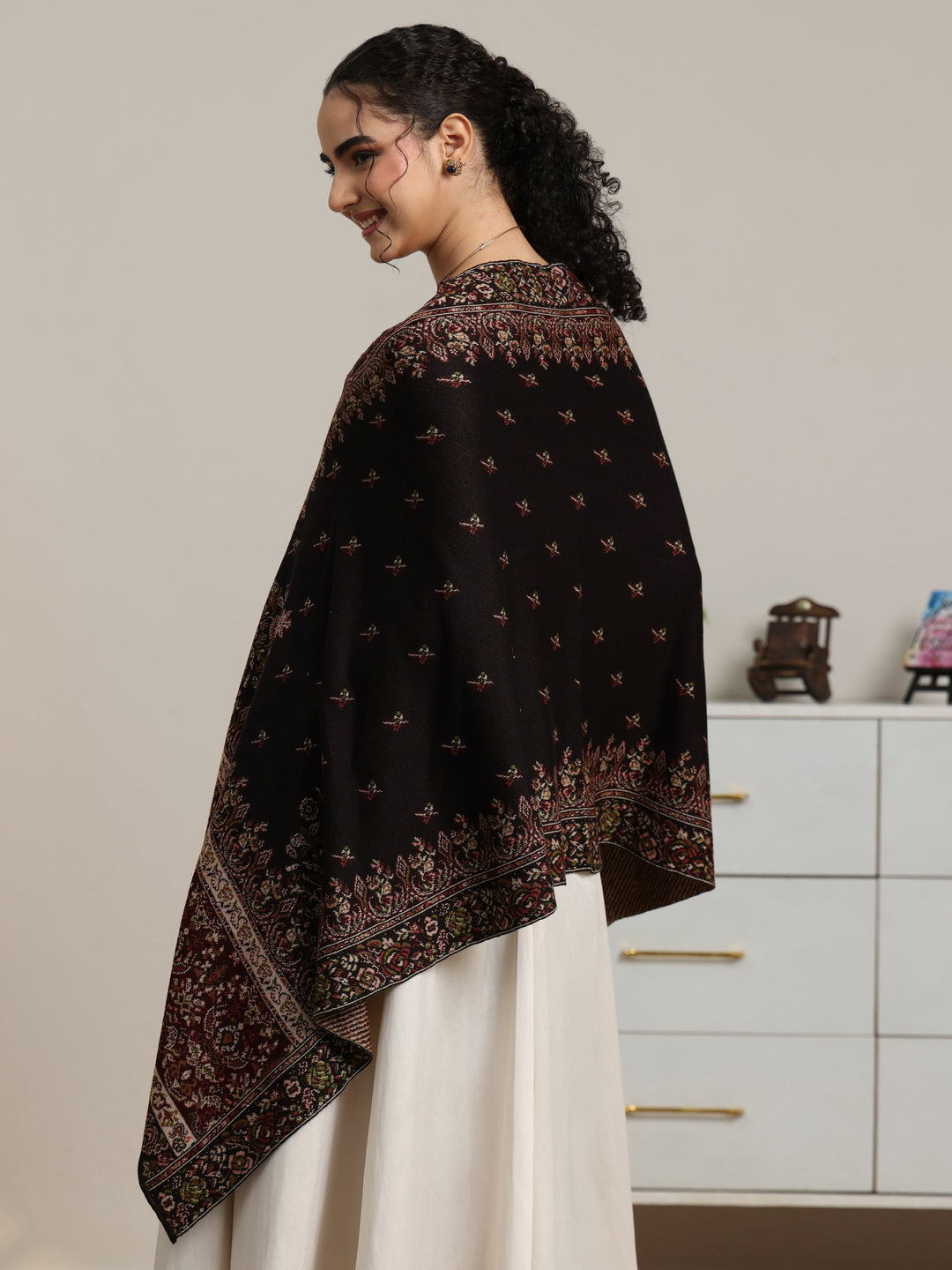 Libas Black Floral Knitted Acrylic Wrap Shawl