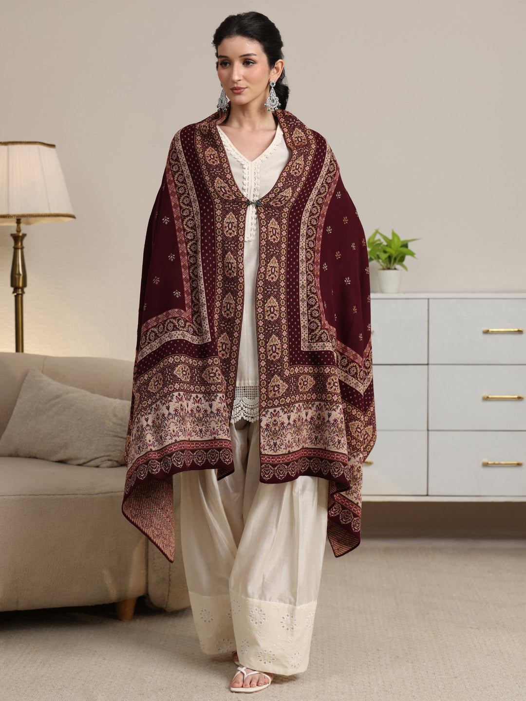 Libas Maroon Ethnic Knitted Acrylic Wrap Shawl