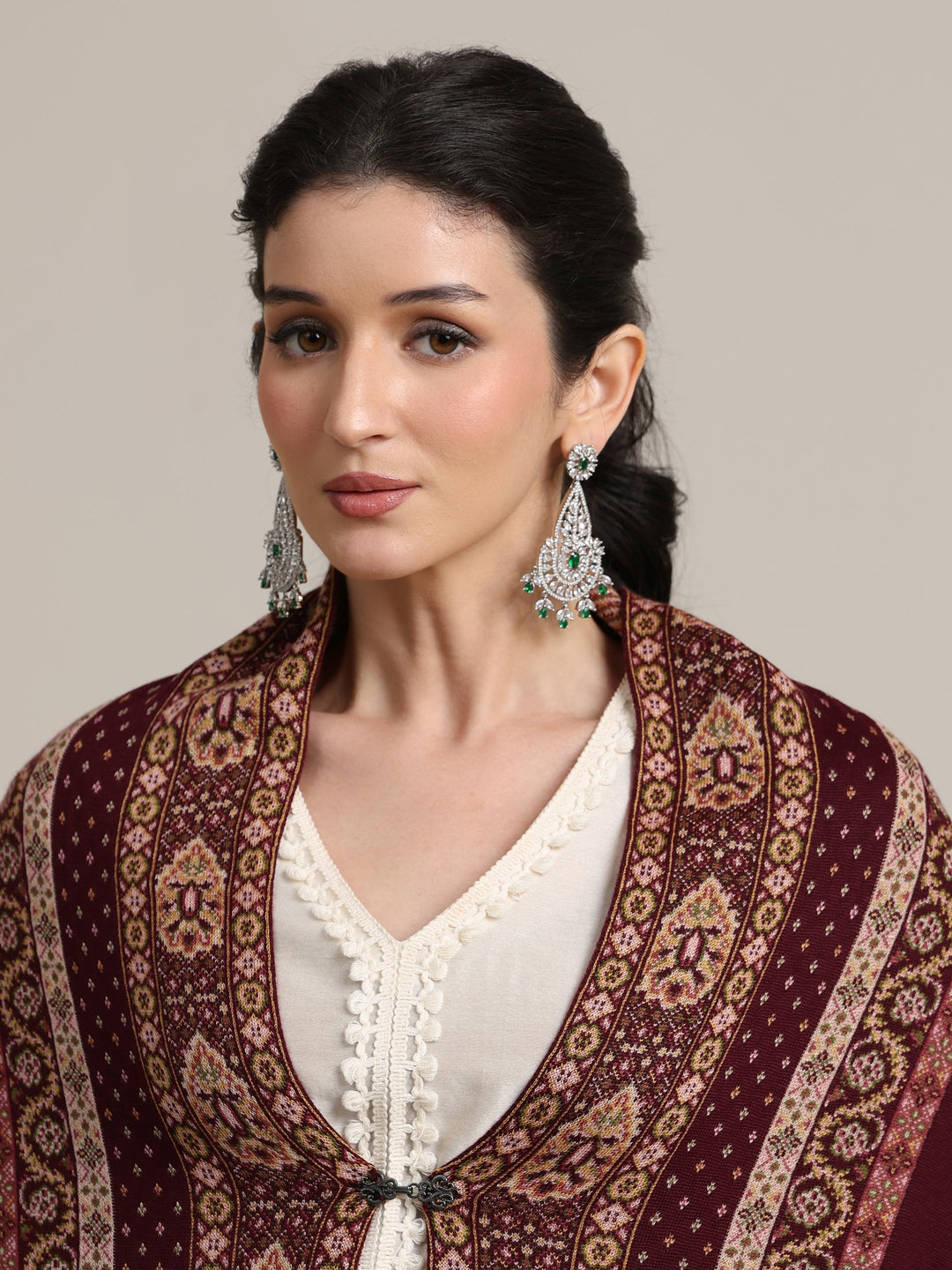 Libas Maroon Ethnic Knitted Acrylic Wrap Shawl