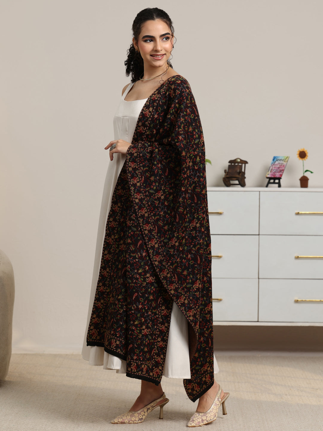 Libas Black Floral Knitted Acrylic Shawl