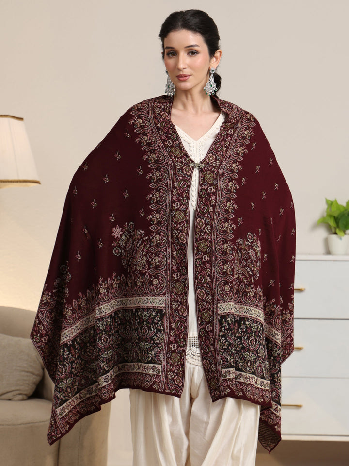 Libas Maroon Floral Knitted Acrylic Wrap Shawl