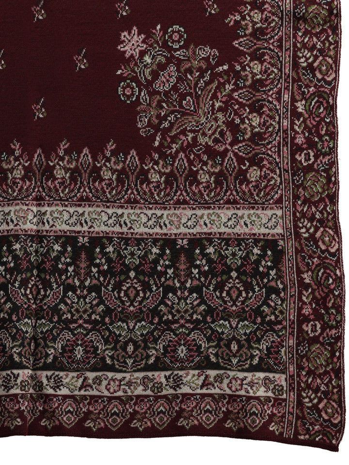 Libas Maroon Floral Knitted Acrylic Wrap Shawl