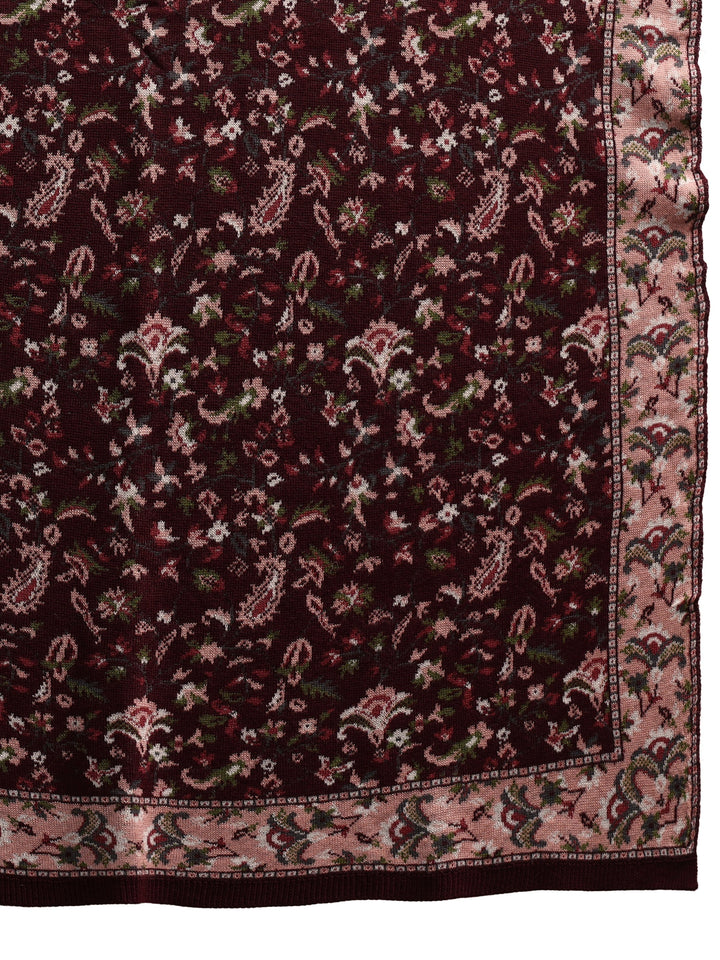 Libas Maroon Floral Knitted Acrylic Shawl