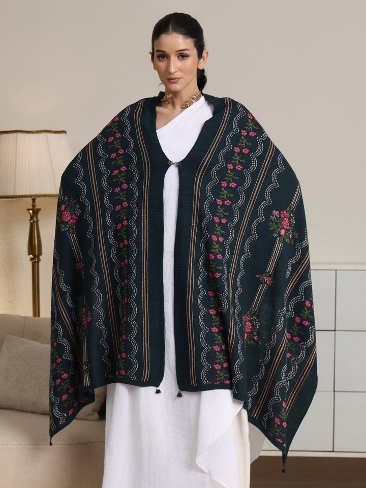 Libas Teal Blue Floral Knitted Acrylic Wrap Shawl