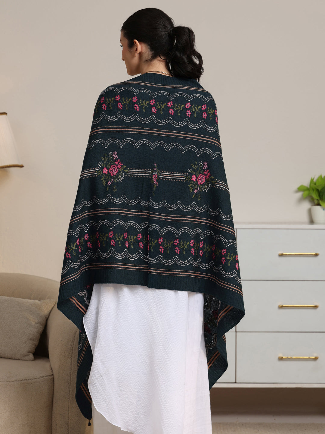 Libas Teal Blue Floral Knitted Acrylic Wrap Shawl