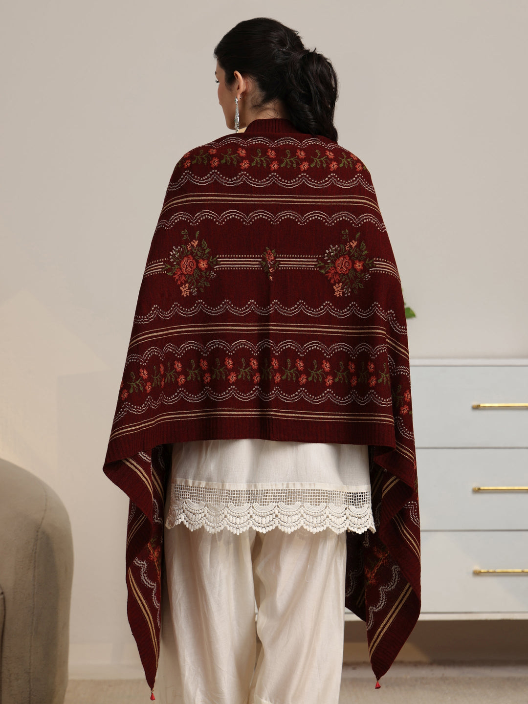 Libas Maroon Floral Knitted Acrylic Wrap Shawl