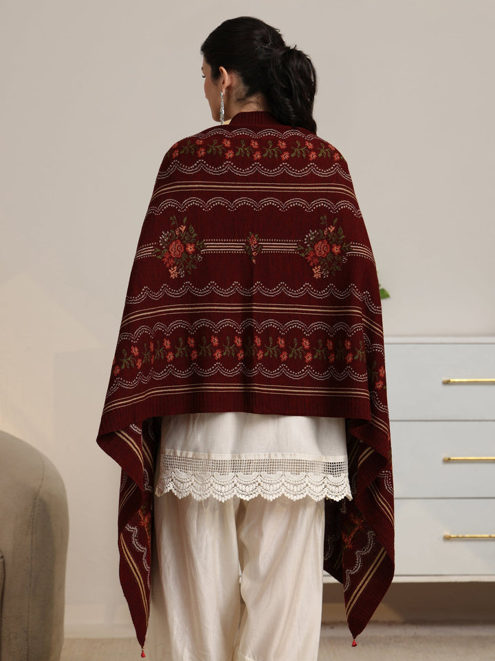 Libas Maroon Floral Knitted Acrylic Wrap Shawl