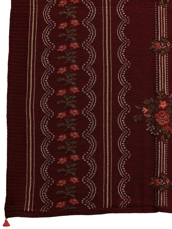 Libas Maroon Floral Knitted Acrylic Wrap Shawl