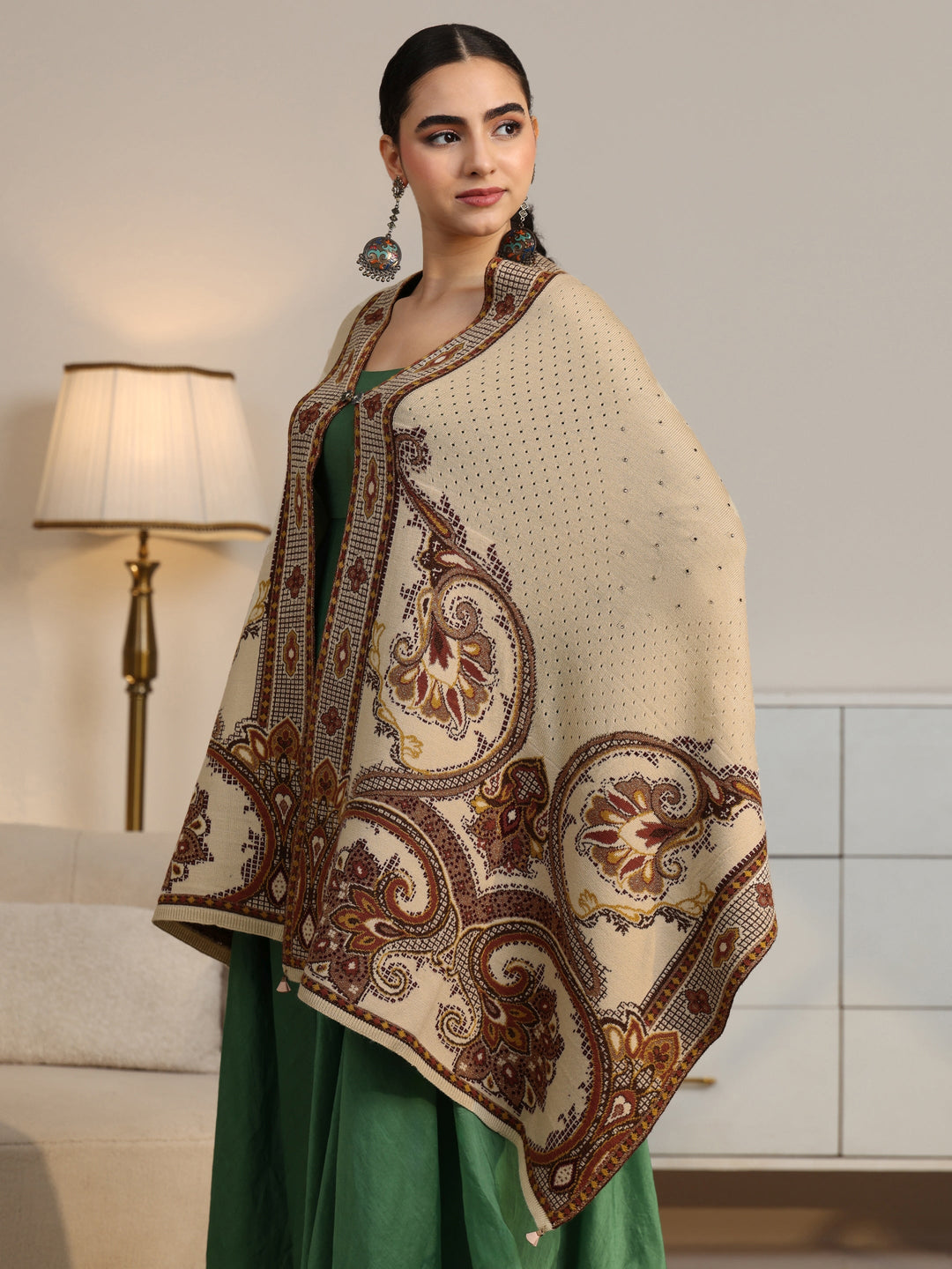 Libas Beige Knitted Acrylic Wrap Shawl