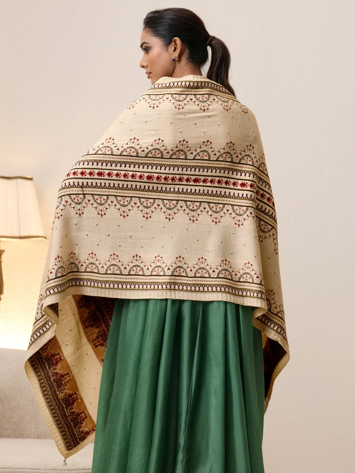 Libas Off White Ethnic Knitted Acrylic Wrap Shawl