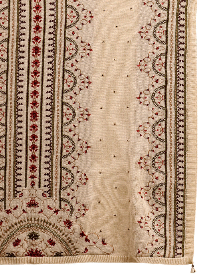 Libas Off White Ethnic Knitted Acrylic Wrap Shawl