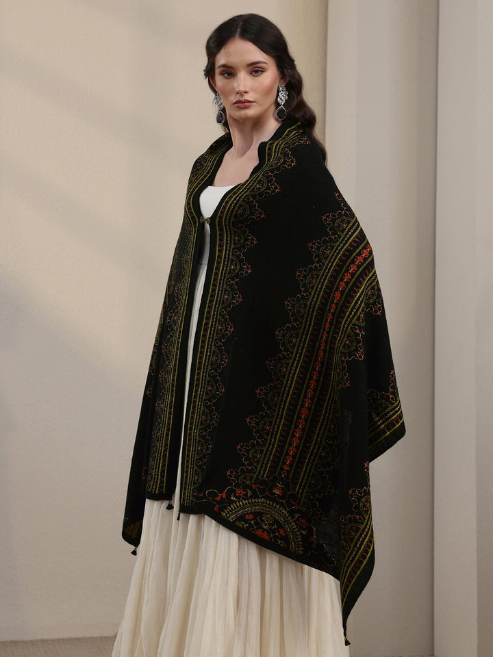 Libas Black Ethnic Knitted Acrylic Wrap Shawl