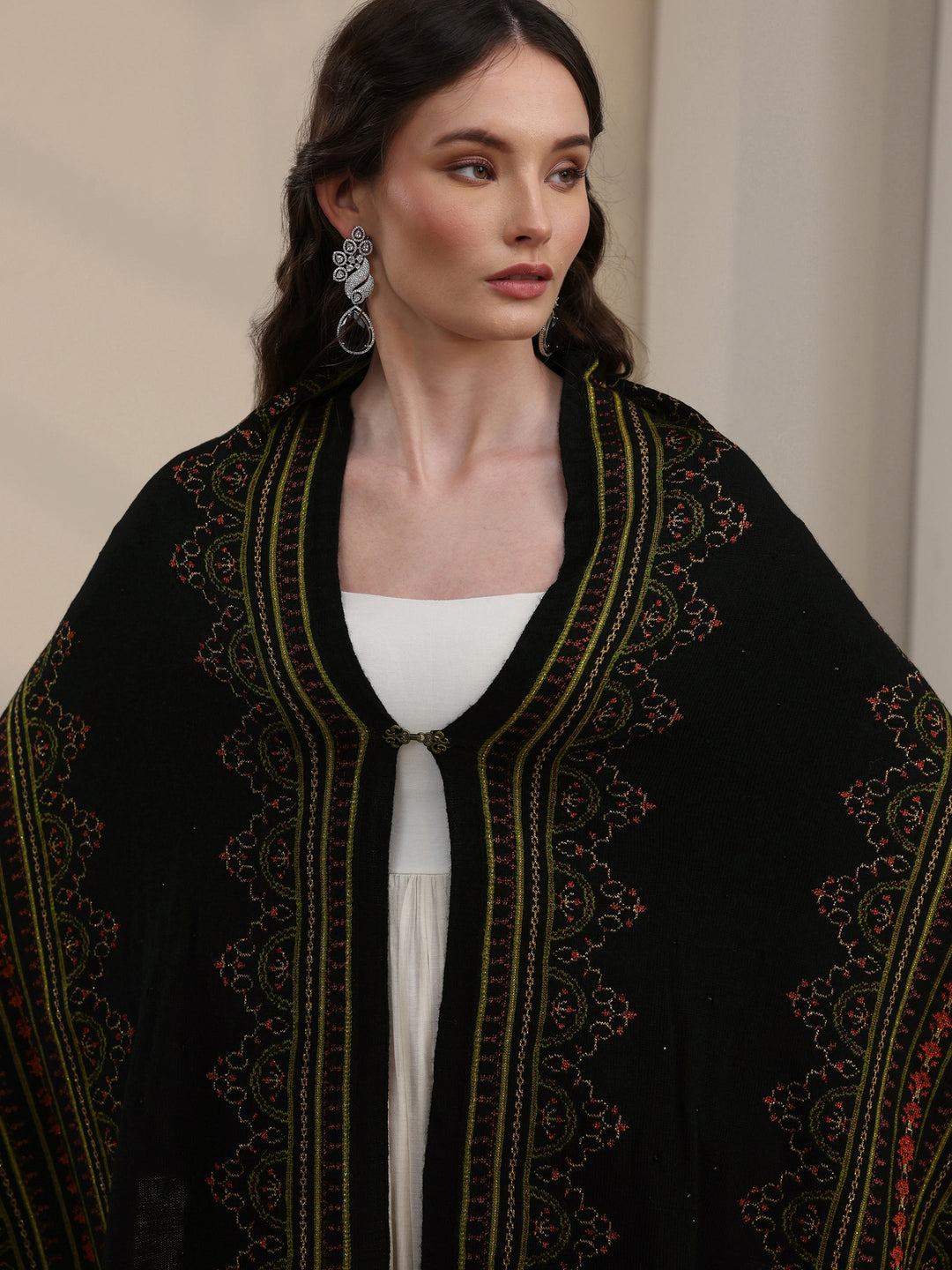 Libas Black Ethnic Knitted Acrylic Wrap Shawl