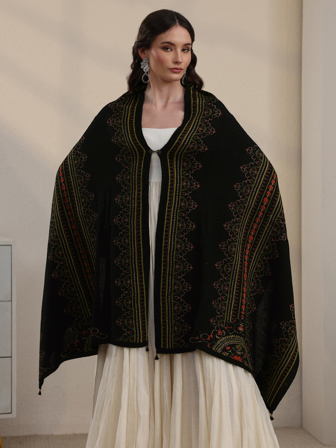 Libas Black Ethnic Knitted Acrylic Wrap Shawl