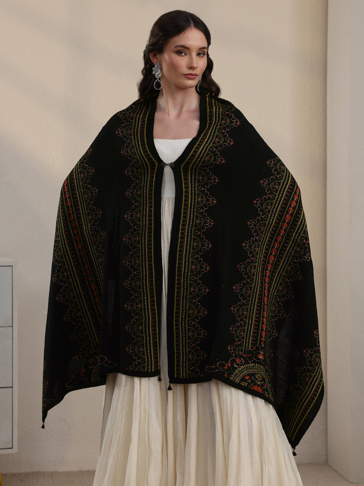 Libas Black Ethnic Knitted Acrylic Wrap Shawl