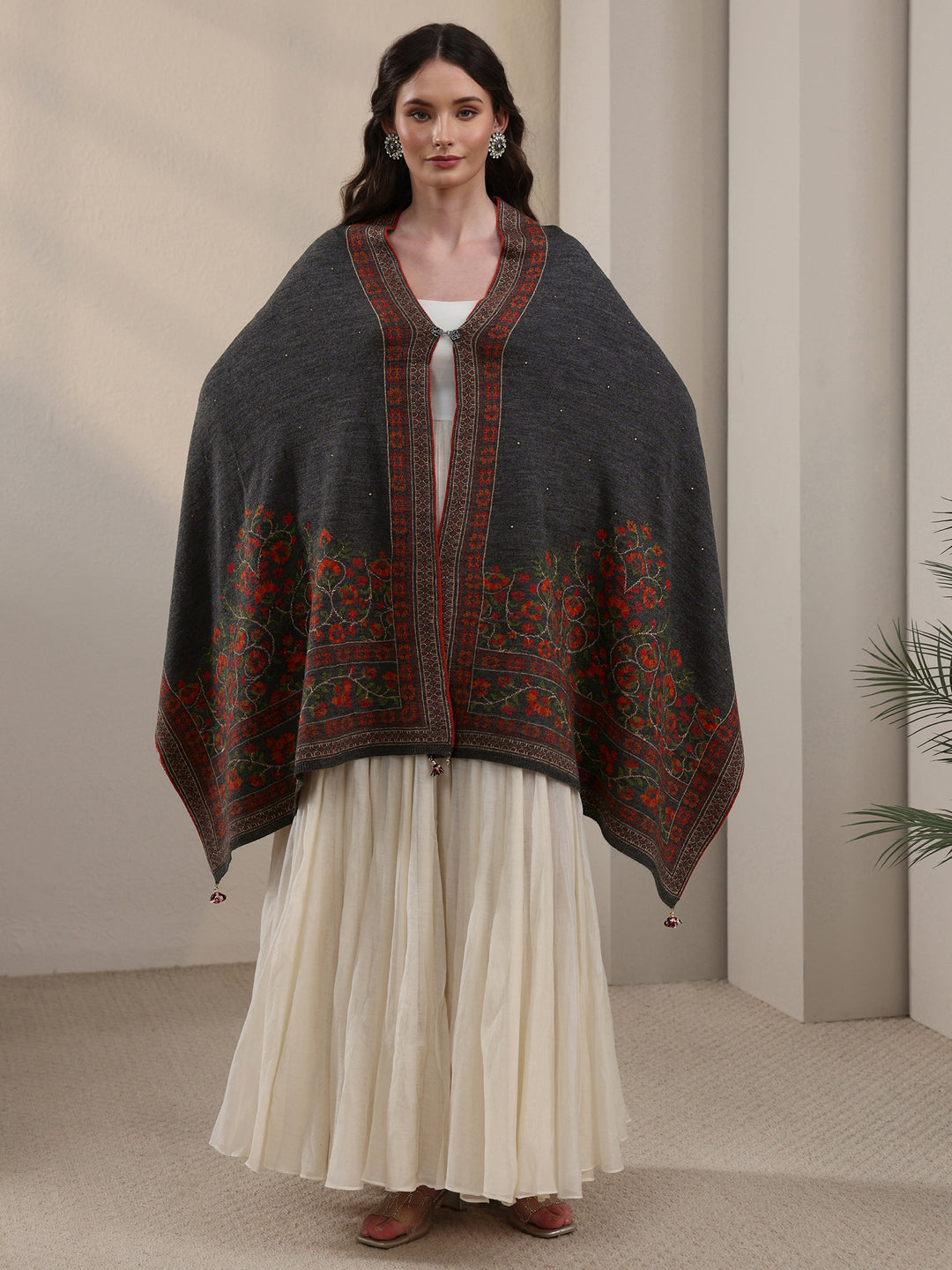 Libas Dark Grey Floral Knitted Acrylic Wrap Shawl