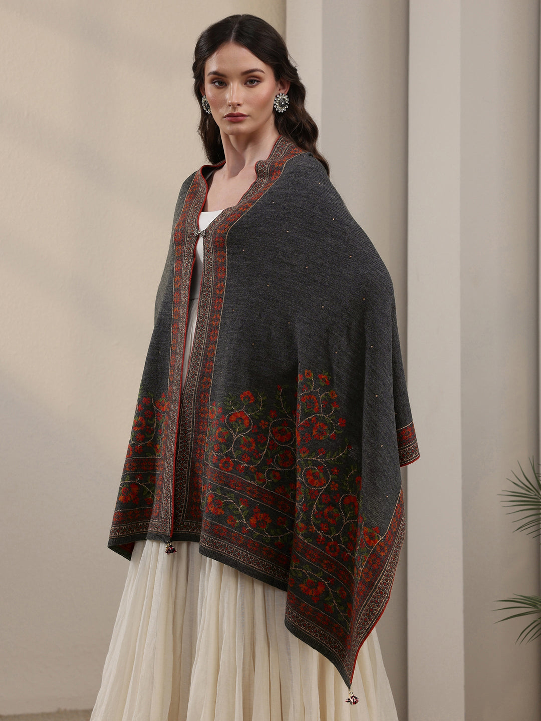 Libas Dark Grey Floral Knitted Acrylic Wrap Shawl