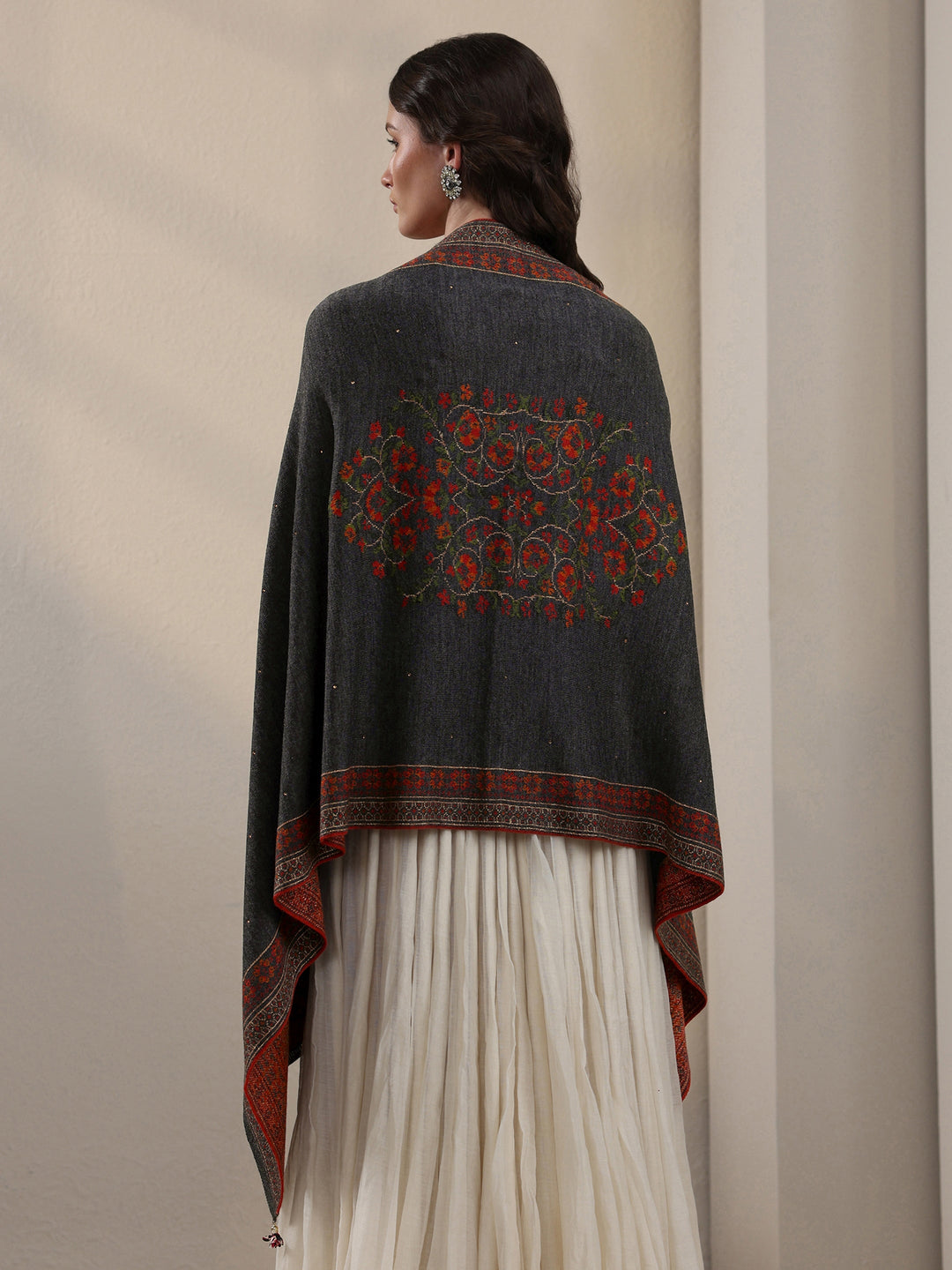 Libas Dark Grey Floral Knitted Acrylic Wrap Shawl