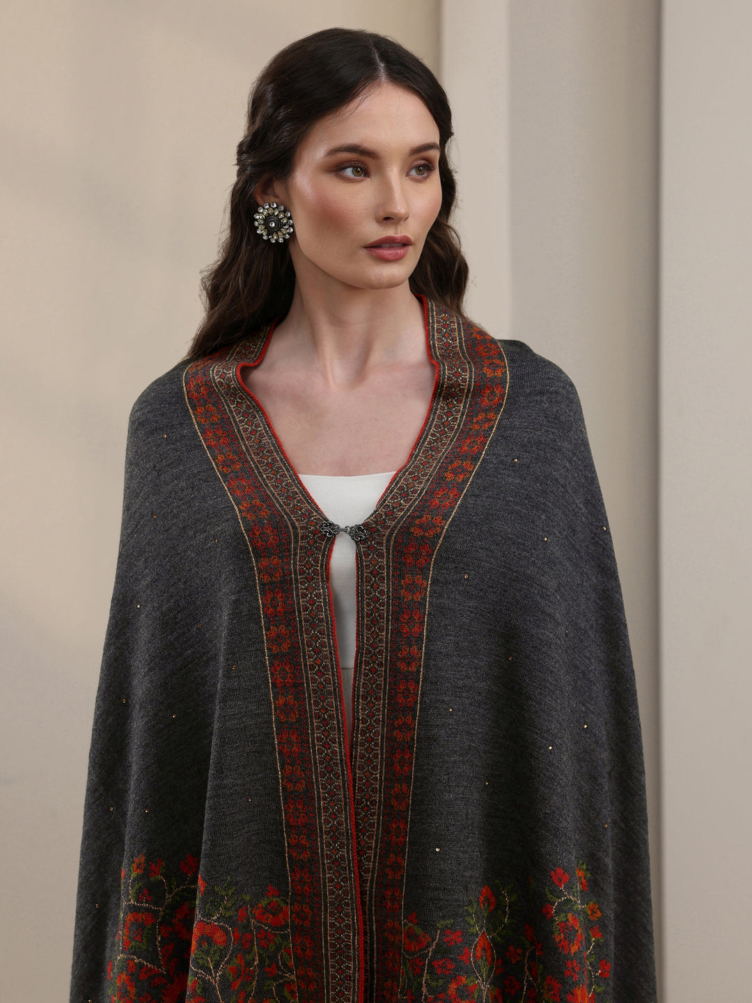 Libas Dark Grey Floral Knitted Acrylic Wrap Shawl