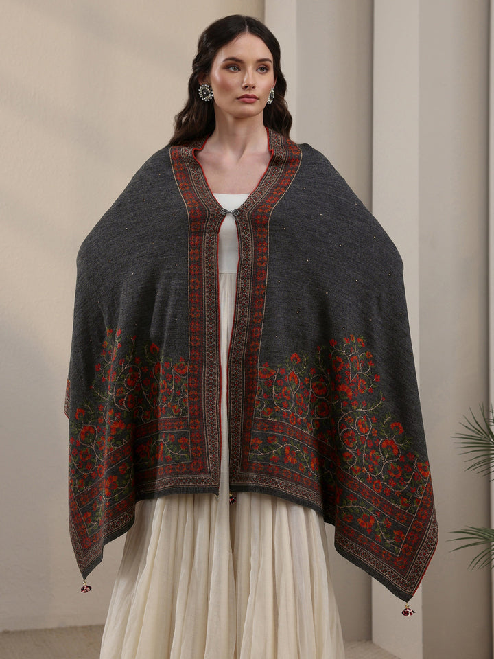 Libas Dark Grey Floral Knitted Acrylic Wrap Shawl