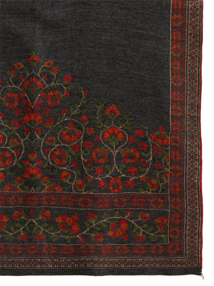 Libas Dark Grey Floral Knitted Acrylic Wrap Shawl