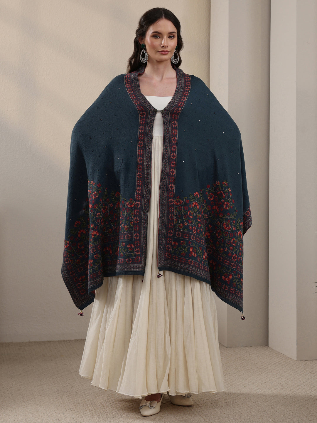 Libas Deep Teal Blue Floral Knitted Acrylic Wrap Shawl