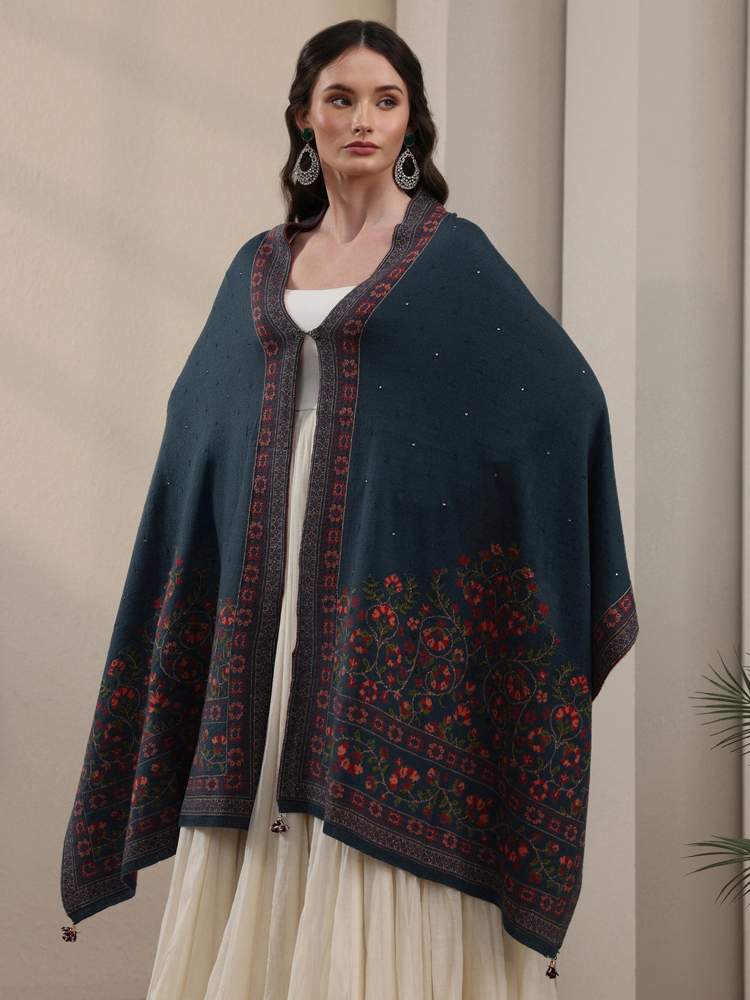 Libas Deep Teal Blue Floral Knitted Acrylic Wrap Shawl