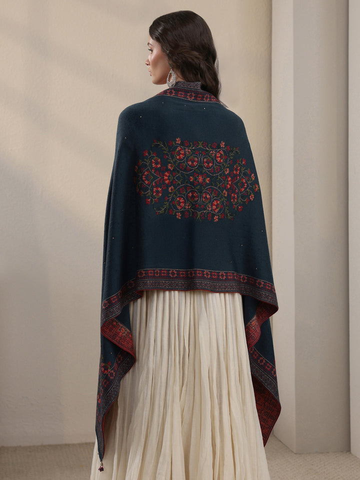 Libas Deep Teal Blue Floral Knitted Acrylic Wrap Shawl