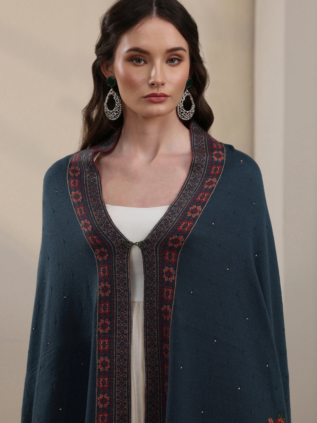 Libas Deep Teal Blue Floral Knitted Acrylic Wrap Shawl