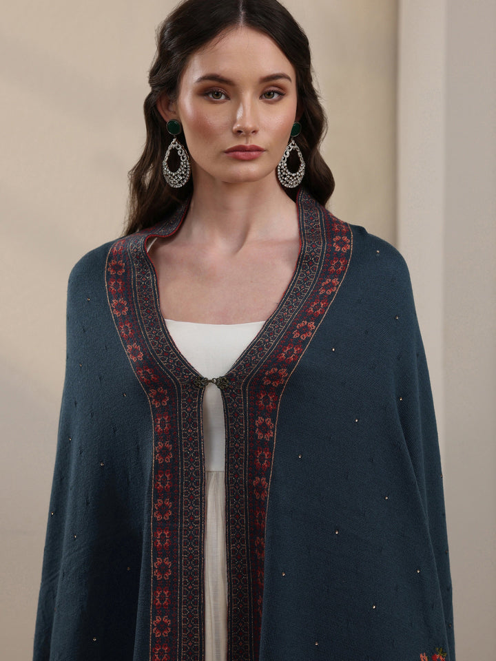 Libas Deep Teal Blue Floral Knitted Acrylic Wrap Shawl
