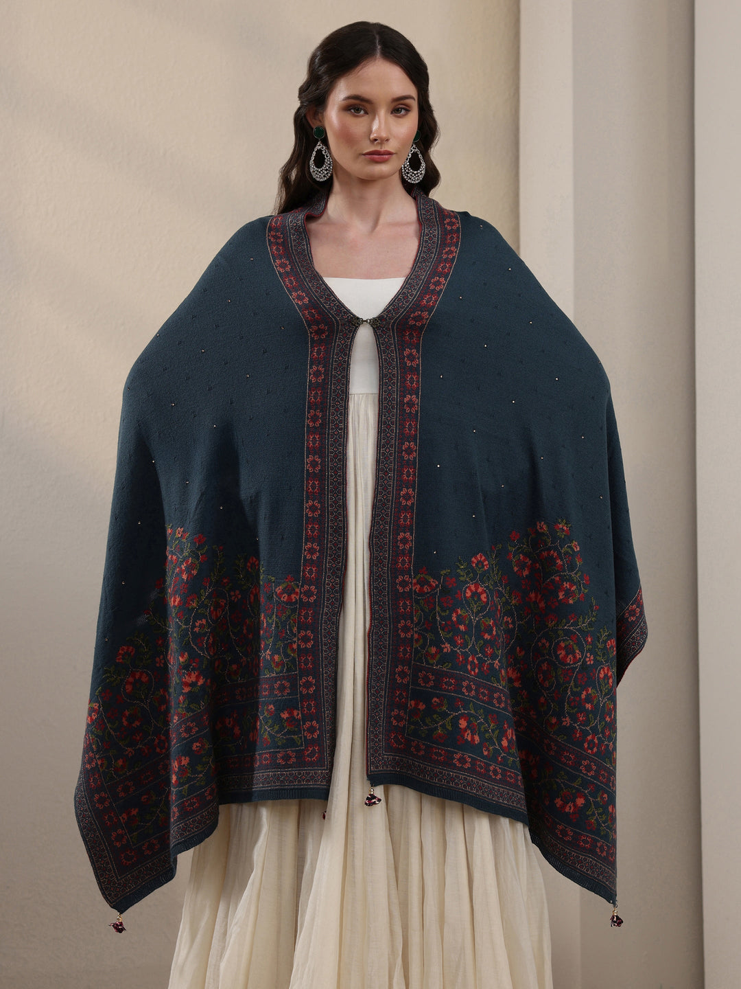 Libas Deep Teal Blue Floral Knitted Acrylic Wrap Shawl